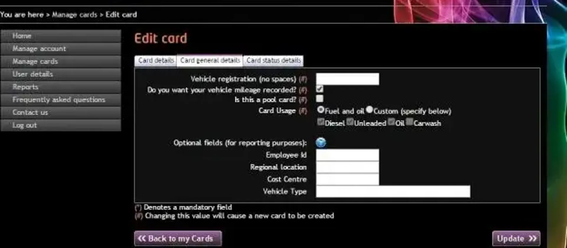 Screen showing 'edit card details'