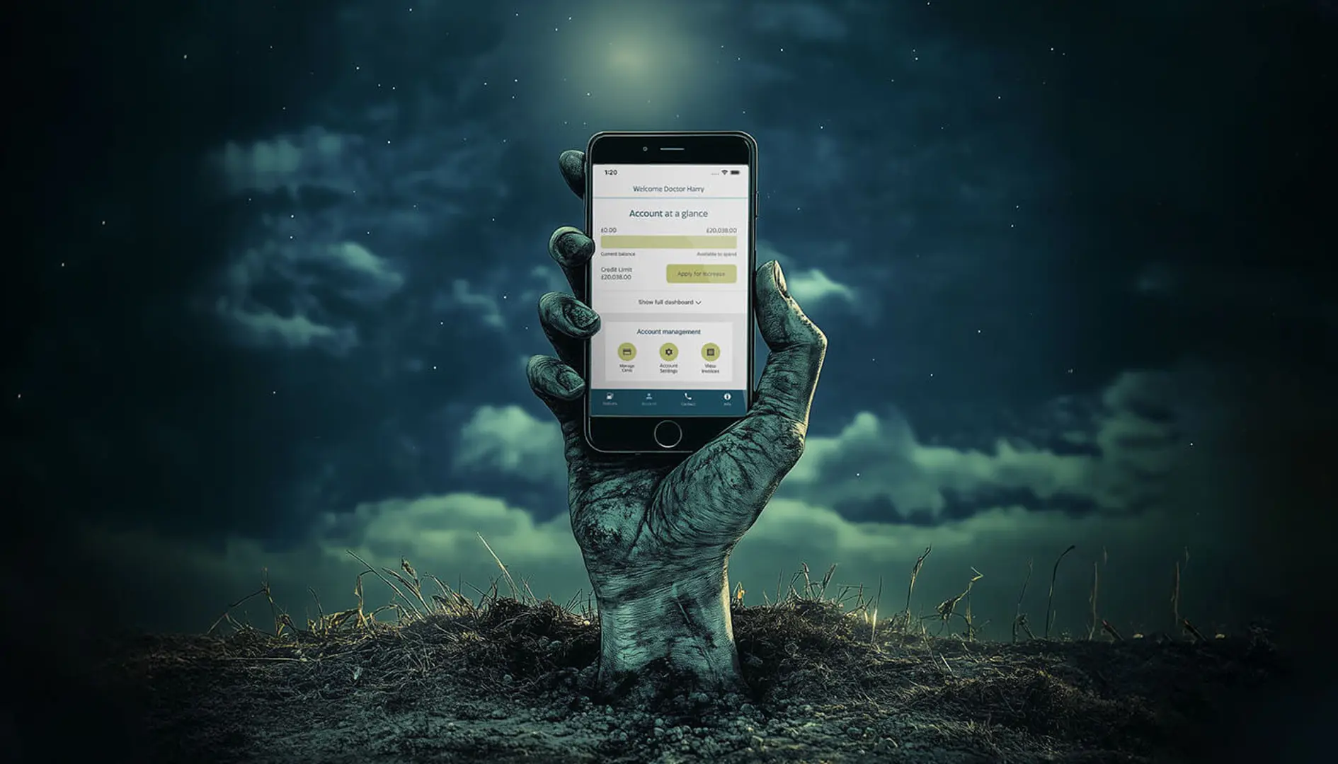 Hand coming through the ground with a phone and the fuelGenie app open.