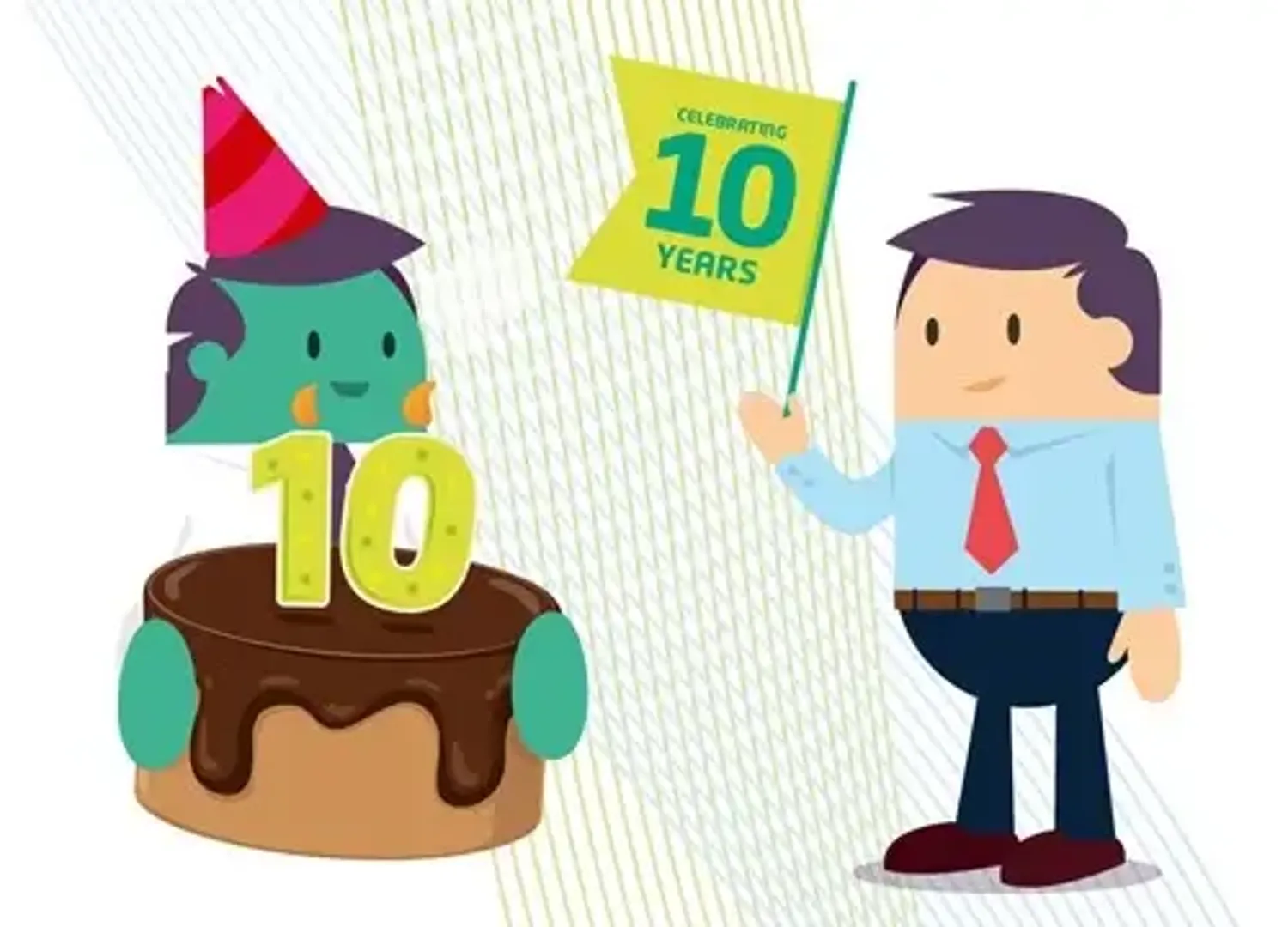A cartoon person proudly holds a cake with the number 10 on it, ready for a celebration and another person holds a sign that says 'celebrating 10 years'